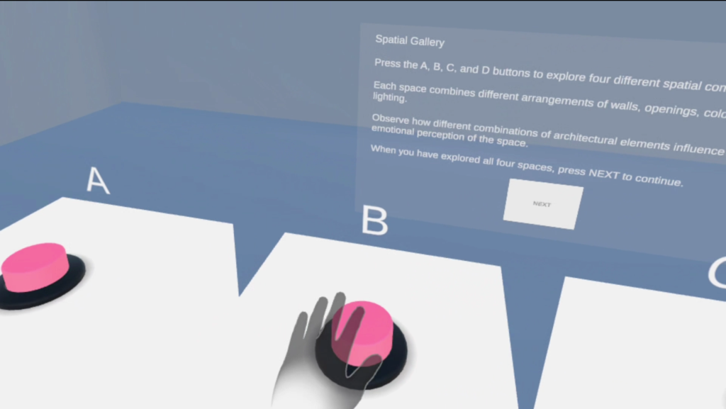 VR interface showing A, B, C, and D buttons for selecting and exploring four different architectural spaces.