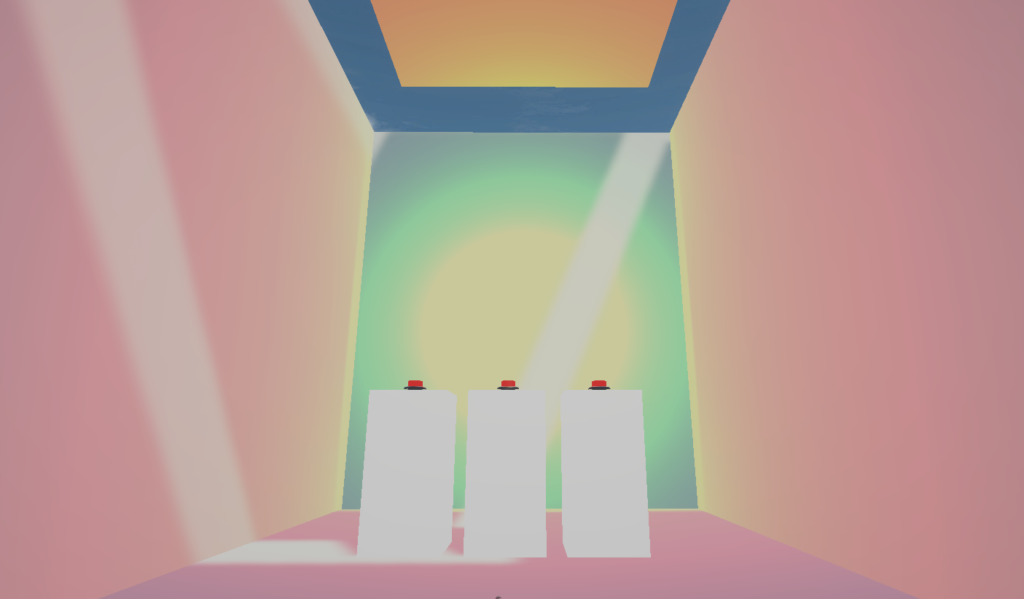 Colourful virtual architectural space with a high ceiling, skylight and natural light.