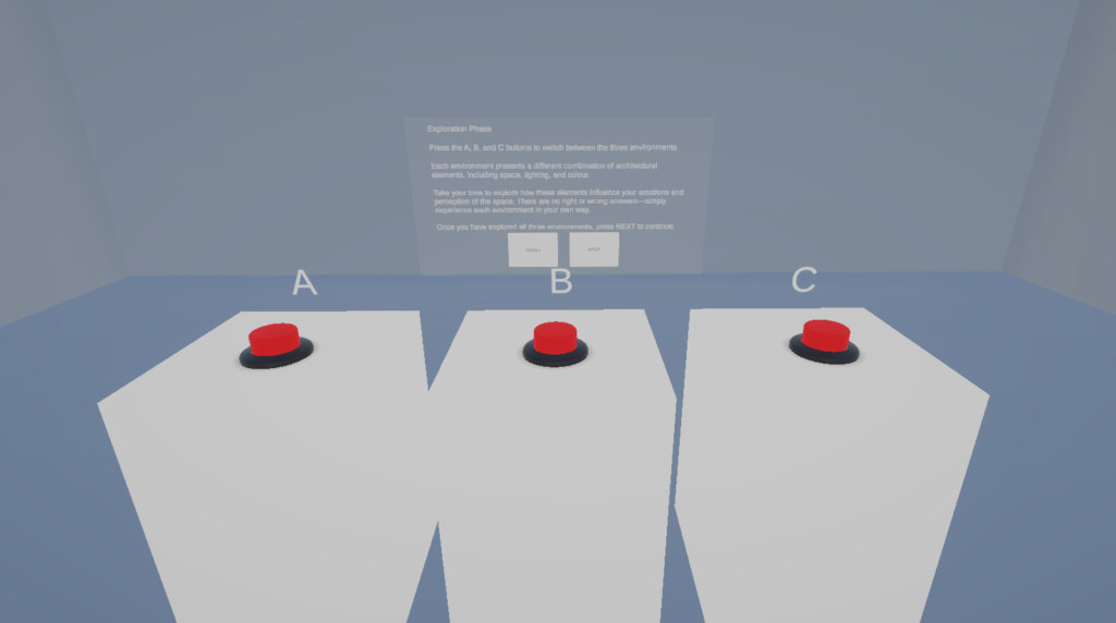 VR interface showing three buttons for switching between predefined emotional environments.