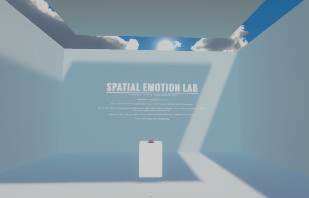 Spatial Emotion Lab VR application start screen in a virtual architectural environment.