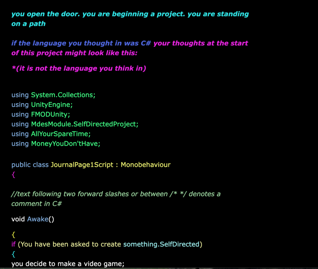 A screenshot from the game journal accompanying Failure Machine, of fake C# code describing the game.