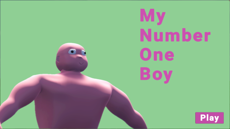 Screenshot of the title screen of a video game. A pale green background with pink letters to the right that read "My Number One Boy". On the left is a 3d model of a lumpy, hairless pink figure with bulding eyes. The bottom right has a pink "Play" button.