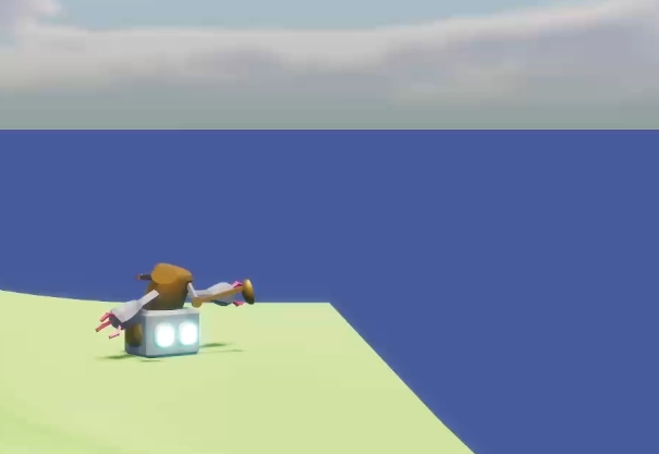 Screenshot of a 3d video game. A blocky robot is on its head, arms and legs flailing. It's on a pale green ground against a deep blue see and cloudy sky.