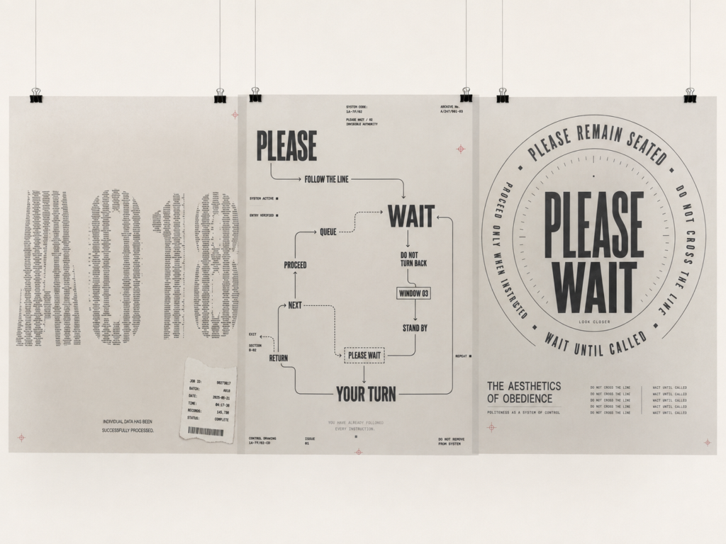 Three graphic posters from the PLEASE WAIT project displayed side by side, combining administrative numbers, directional systems and repeated institutional instructions in black and red on an off-white background.