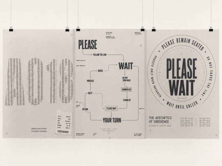Three graphic posters from the PLEASE WAIT project displayed side by side, combining administrative numbers, directional systems and repeated institutional instructions in black and red on an off-white background.