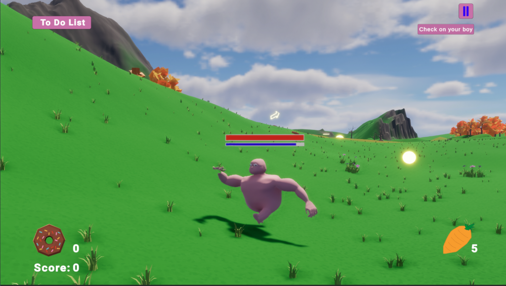 A screenshot of a brightly coloured 3D adventure game. A large, lumpy pink figure is running in the centre of the screen on a bright green grassy landscape. There are menu buttons in the corners reading "to do list" "pause" and "check on your boy". In the bottom left is a donut with a zero next to it, in the right a carrot with a 5. The figure has red and blue health bars above his head and glowing orbs, trees and mountains can be seen in the distance.