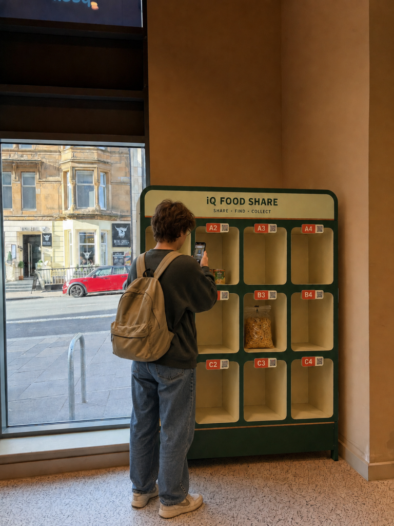 Concept visualisation of a resident using a numbered ambient food-sharing station in an accommodation entrance.