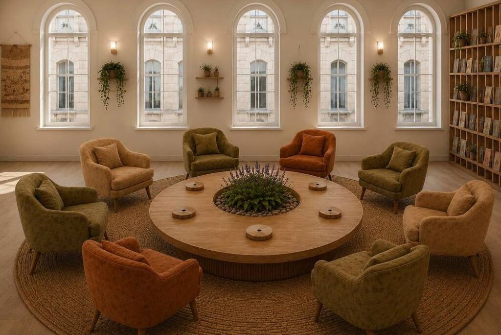 Interior visualisation of the Storytelling Lounge with a circular Memory Smell Table containing concealed scent compartments, surrounded by comfortable seating for small-group conversation.