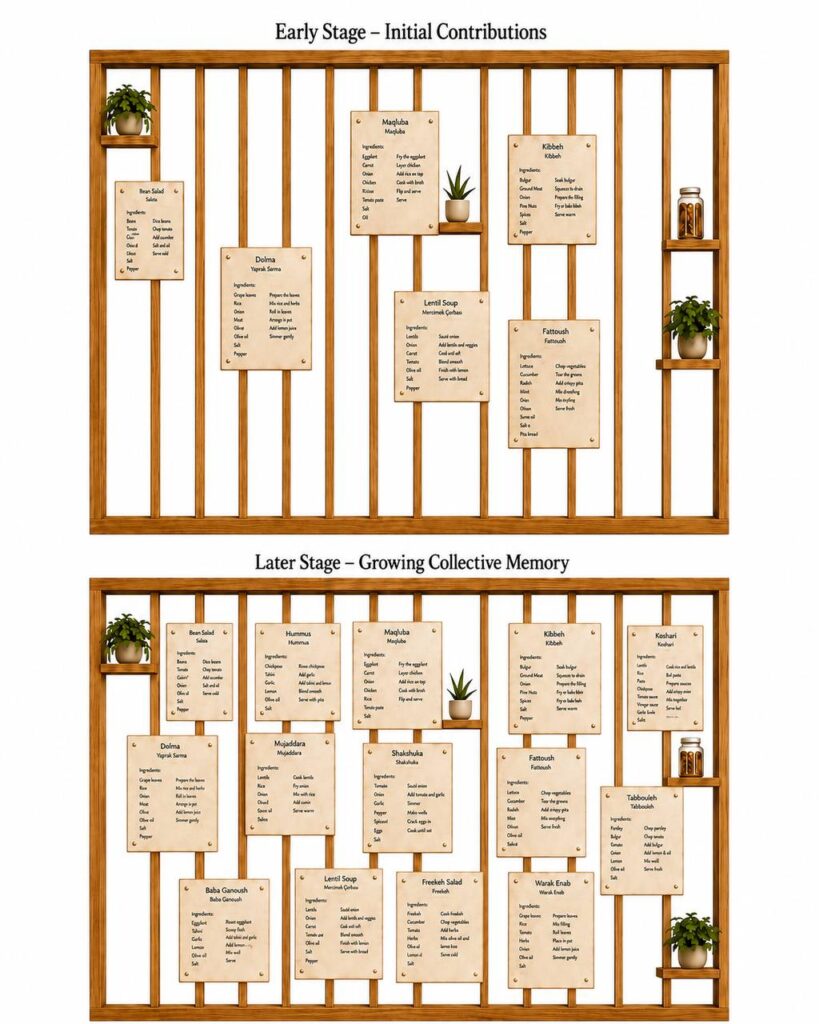 Elevation of the recipe-facing side of the Growing Memory Partition showing removable recipe panels and integrated shelves within the timber framework.