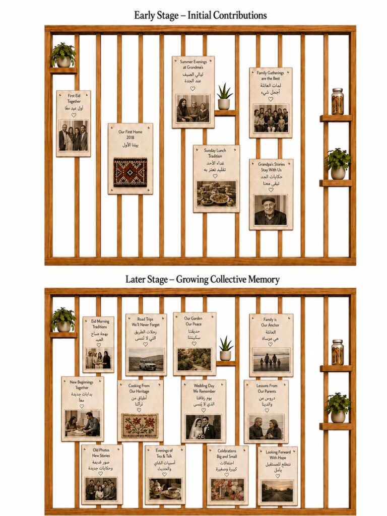 Elevation of the memory-facing side of the Growing Memory Partition showing removable panels with photographs, written memories, drawings, textile contributions, and integrated shelves.