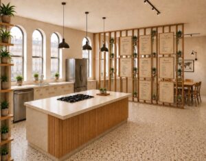 Interior visualisation of the Community Kitchen with a central island, shared dining area, and the Growing Memory Partition positioned between the two spaces.