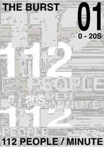 A black screen-printed typographic poster with dense overlapping marks and repeated numerical information representing a burst of pedestrian movement.