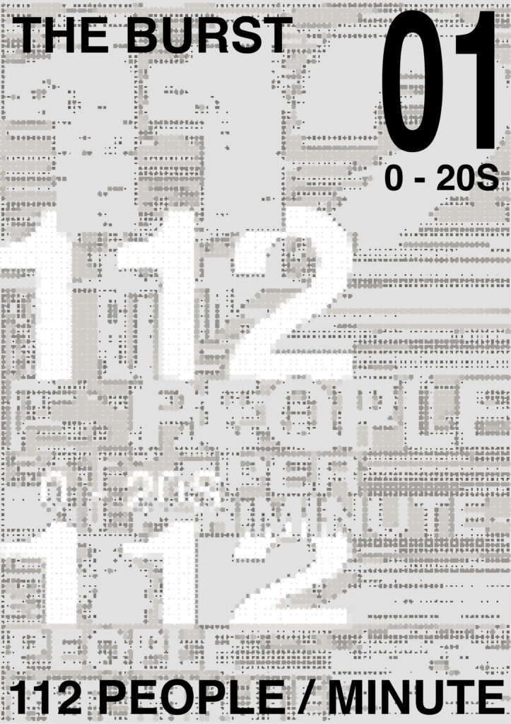 A black screen-printed typographic poster with dense overlapping marks and repeated numerical information representing a burst of pedestrian movement.