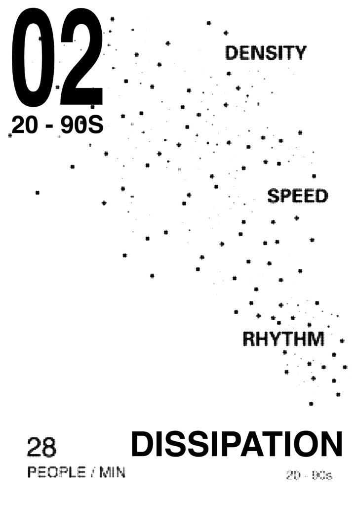 A screen-printed typographic poster with dispersed dots, fragmented text and uneven ink transfer representing decreasing pedestrian density.