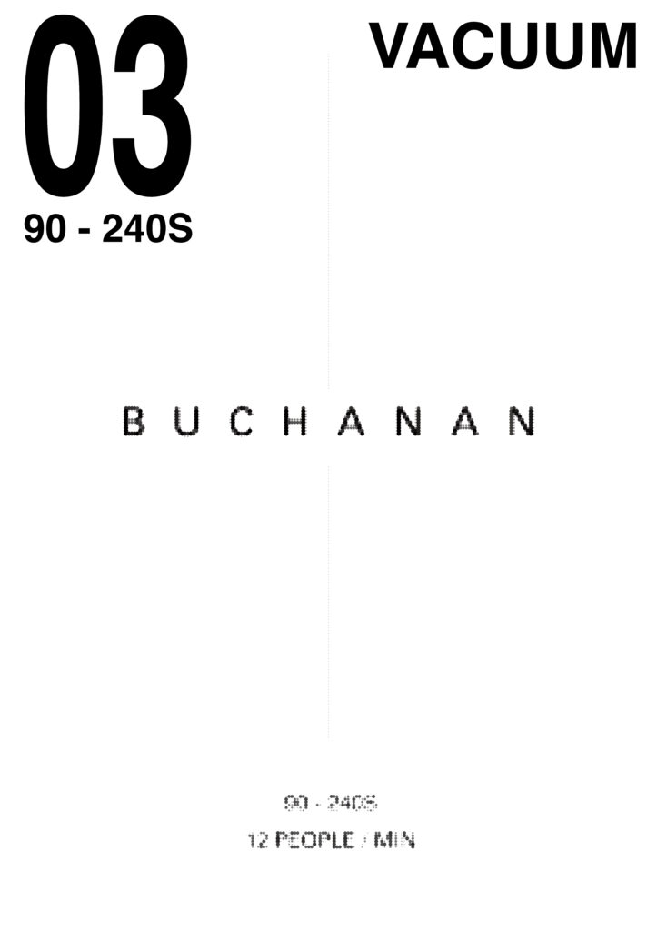 A minimal screen-printed poster with sparse typography and large areas of unprinted white paper representing low pedestrian density and waiting.