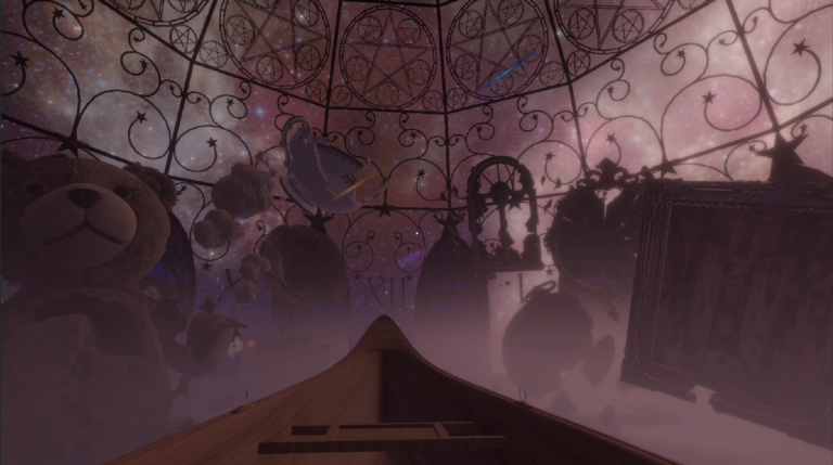 A dream-like game scene with a boat surrounded by floating objects in a surreal environment.