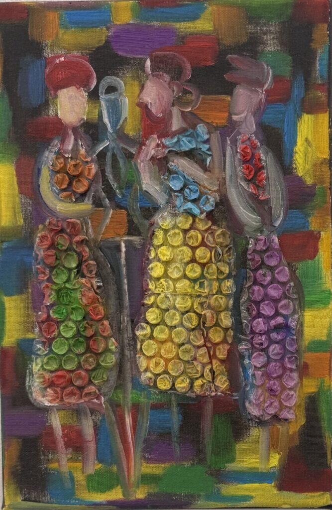 Mixed-media painting titled *Shell* (2025) by Cong Chen. Four stylized human figures stand closely together against a brightly colored geometric background. Their clothing is covered with raised pieces of bubble wrap painted in vivid yellow, purple, green, red and blue, creating a textured, repetitive surface. The similar forms and patterns suggest conformity, manufactured identity and the tension between individual appearance and collective social influence.
