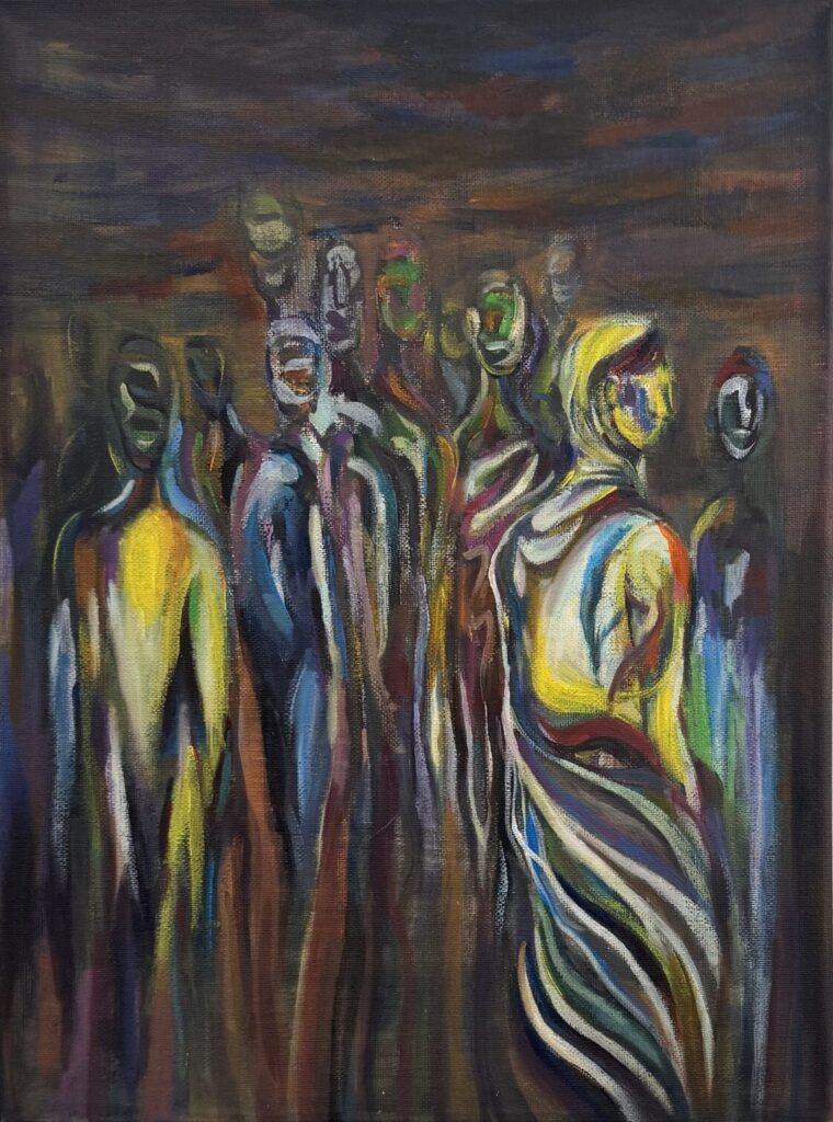 Oil painting titled *Surge* (2026) by Cong Chen. A dense group of elongated human figures stands together against a dark, atmospheric background. Their faces and bodies are rendered in flowing strokes of yellow, blue, green, red and white, with individual forms gradually blending into the crowd. The composition suggests desire circulating through a group, creating shared expectations and a gradual loss of individual difference within collective identity.