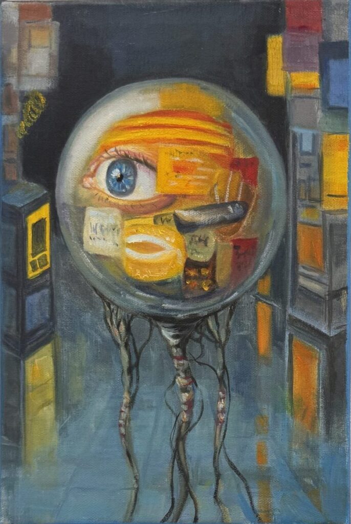 Oil painting titled *Visual Hunger* (2025) by Cong Chen. A large blue eye sits inside a transparent circular form filled with brightly colored packages and consumer objects, suspended above thin, root-like strands. The surrounding dark urban space is punctuated by glowing rectangular shapes in yellow, orange and blue. The composition explores visual consumption, desire and the continuous cycle of attraction and renewed attention.