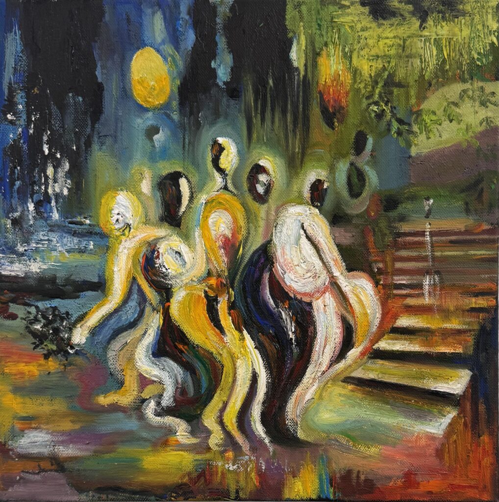 Abstract figurative painting titled Vision (2026) by Cong Chen. A group of elongated, loosely defined human figures appears to move together through a richly textured environment of deep blue, green, yellow, orange and red. Their bodies and faces overlap and blend into one another, while glowing circular forms hover in the background. The fluid brushwork and merging figures suggest desire, shared movement, human connection and the gradual blurring of individual identity within a collective.