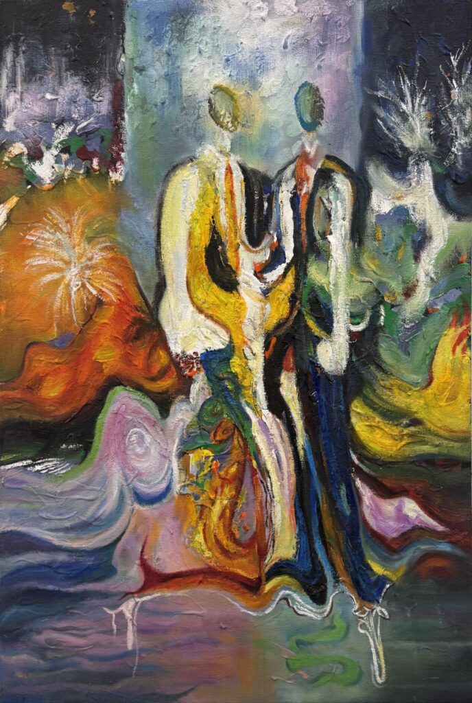 Abstract figurative painting titled Diffusion (2026) by Cong Chen. Two elongated human figures stand closely together at the center, their bodies partially merging into a surrounding field of flowing, distorted forms. Layers of yellow, orange, blue, green, pink and black blend across the canvas, making the boundaries between the figures and their environment increasingly unclear. The expressive composition explores connection, collective influence and the shifting relationship between individual and group identity.