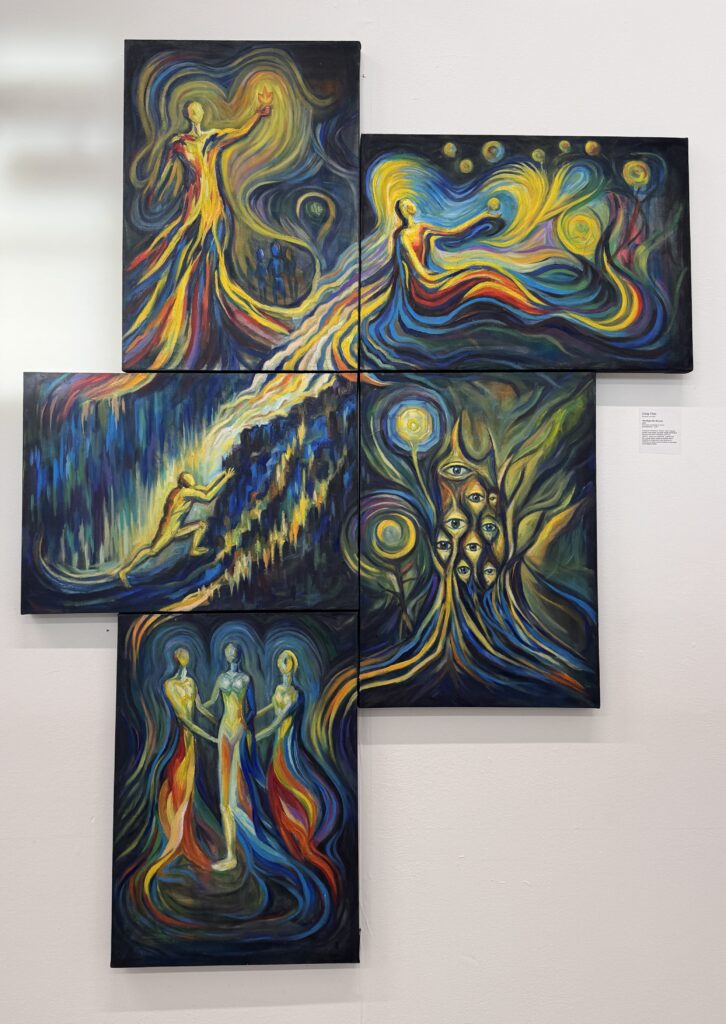 Five-panel oil painting installation titled The Roles We Become by Cong Chen, featuring abstract, brightly colored human and mythological figures against dark blue and black backgrounds, arranged in an overlapping cross-like composition.
