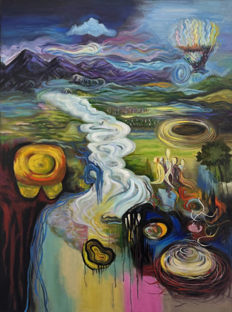 An abstract oil painting depicting a surreal landscape, featuring mountains, a winding river, swirling forms and fragmented organic shapes.