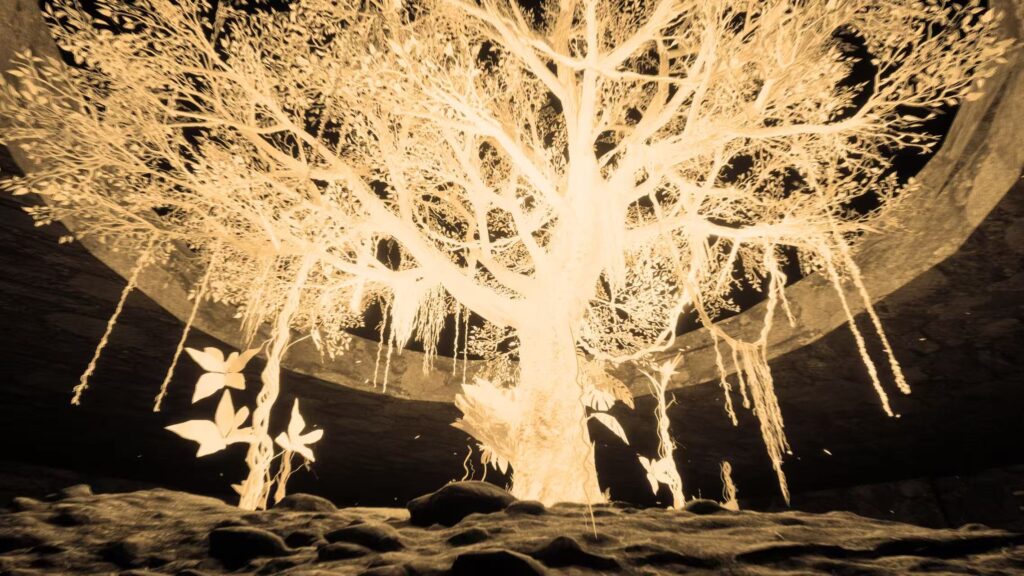 A VR scene showing the Sacred Tree in its mature stage, with fallen branches collected by its followers as lucky charms.