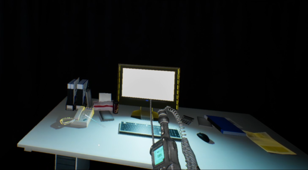 A VR interaction showing the player monitoring anxiety data from an object highlighted with a yellow glow.