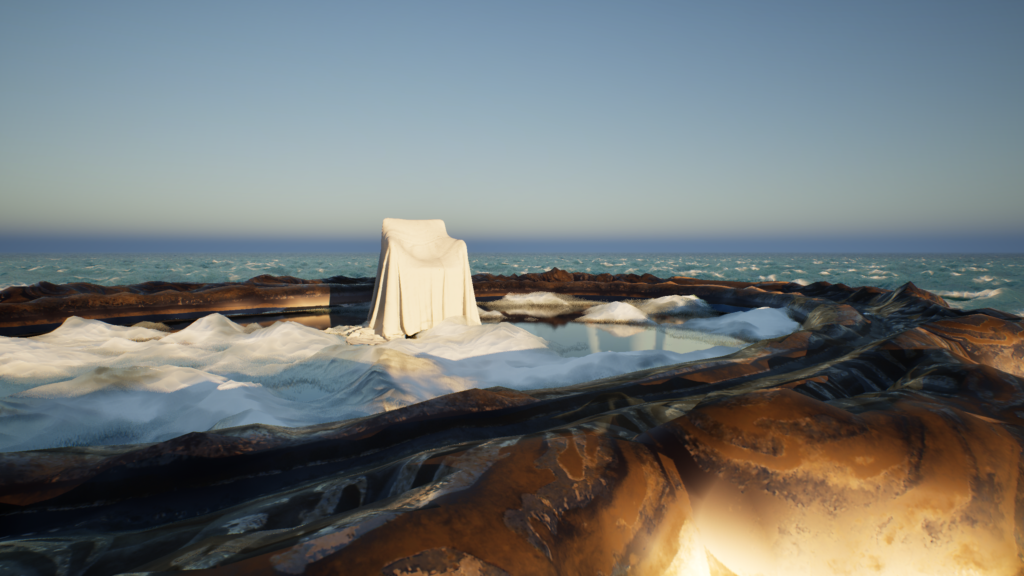 A quiet VR meditation environment with natural elements, soft lighting and an open space.
