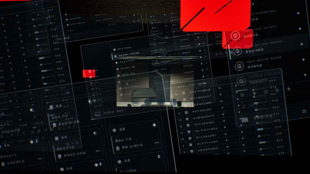 A VR scene showing terminals that contain the uploaded consciousness of deceased residents who continue to work.