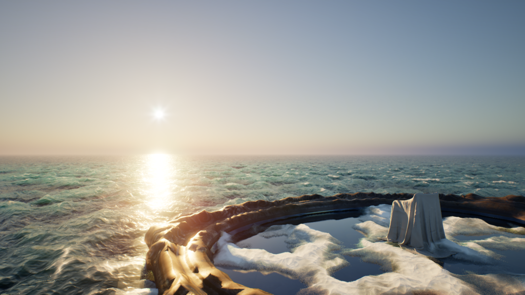 A quiet VR meditation environment with natural elements, soft lighting and an open space.