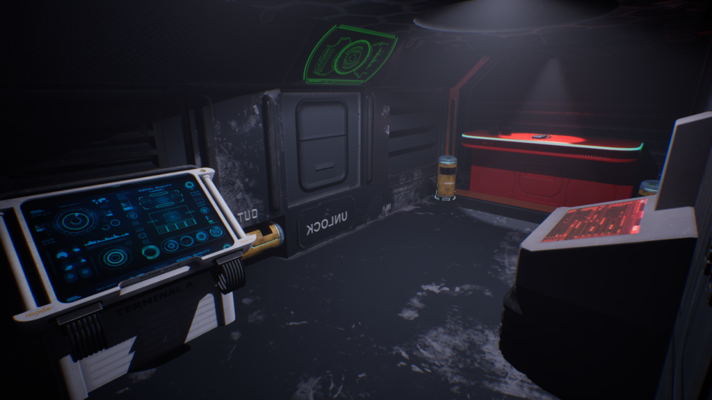 A VR scene showing the player inside the space station used as the central base for the observation journey.