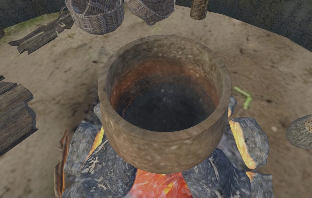 Close-up VR view looking inside a pottery vessel above a hearth, with dark charred residue visible inside.