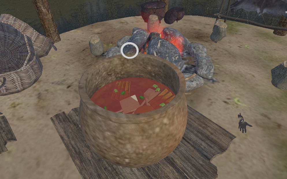 VR historical scene showing a complete pottery vessel with illustrative food beside a central hearth.