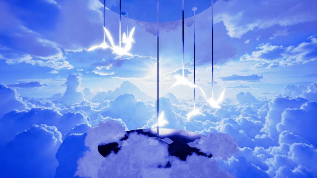 A calm VR meditation environment with an open space and natural elements.
