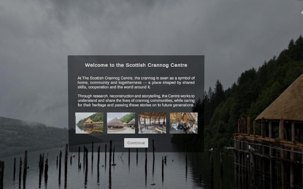 VR opening screen introducing The Scottish Crannog Centre against a Loch Tay background.