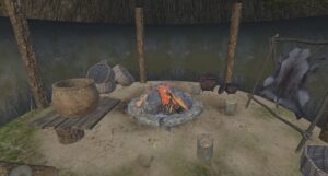 VR view of an interpretative Crannog interior with a pottery vessel beside a central hearth and surrounding domestic objects.