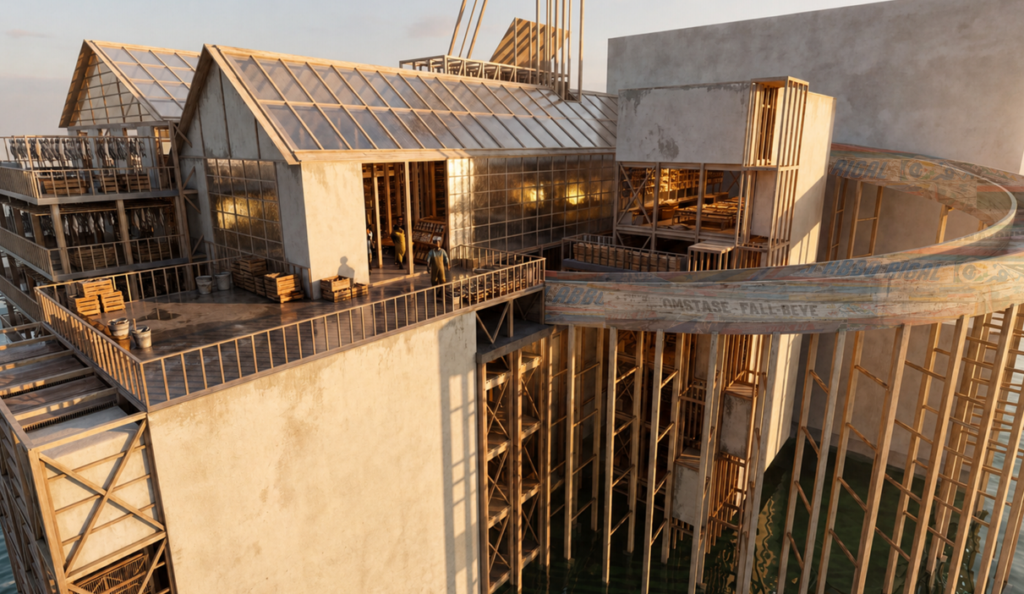 Exterior view of the repairable fish market with timber frames, drying balconies, translucent roofs and an elevated visitor route.
