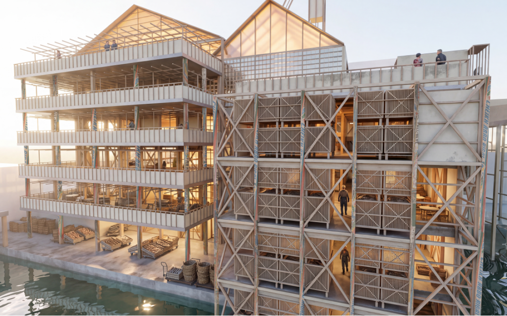 Exterior view of a multi-level fish market with timber screens, drying balconies and storage spaces beside the water.