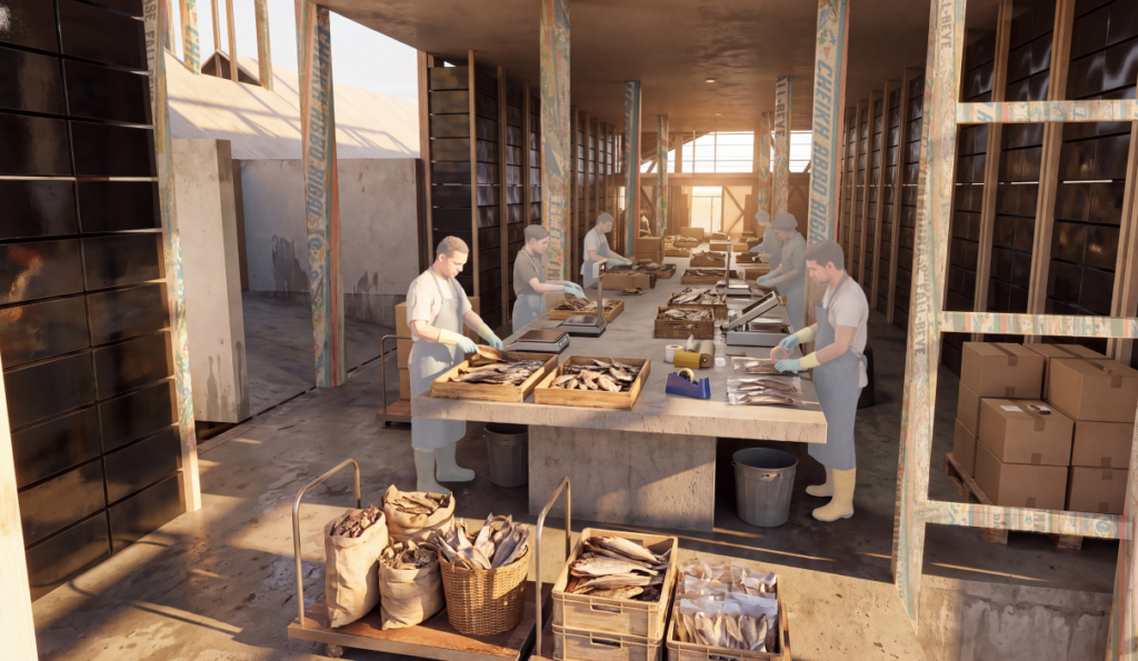 Workers packing dried fish on long tables inside a timber-framed packaging area.
