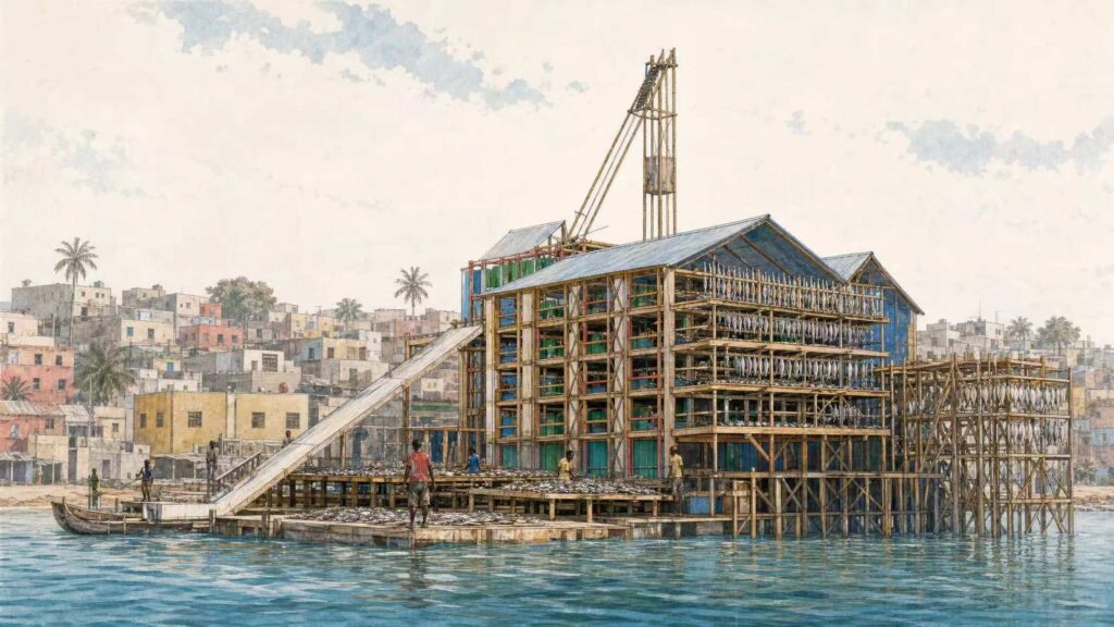 A rendered view of a timber fish market structure beside the water in Guet Ndar, Saint-Louis, Senegal.