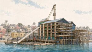 A rendered view of a timber fish market structure beside the water in Guet Ndar, Saint-Louis, Senegal.