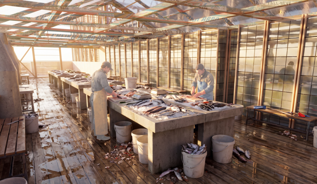Workers cleaning and cutting fish on long processing tables inside a timber-framed fish market interior.