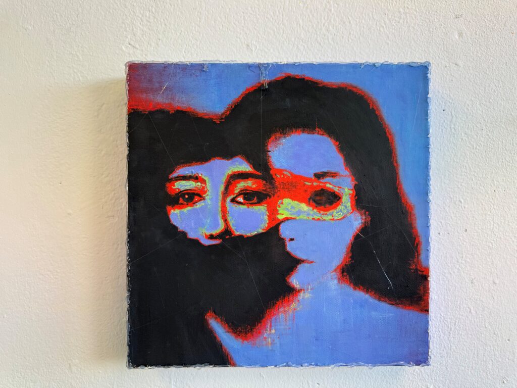 Signal Elegy, 2026. An oil and hot glue work on canvas featuring layered painted imagery and raised material traces.