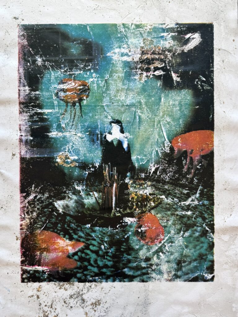 Ritual in Submersion, 2026. A screenprint on textured canvas featuring layered imagery, fragmented forms and visible surface texture.