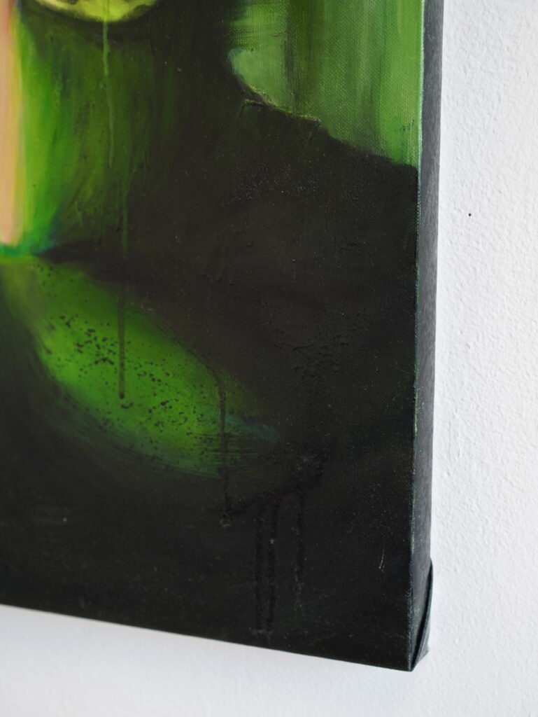 Detail view of Corroded, 2026, showing layered oil paint, eroded forms and variations in surface texture.