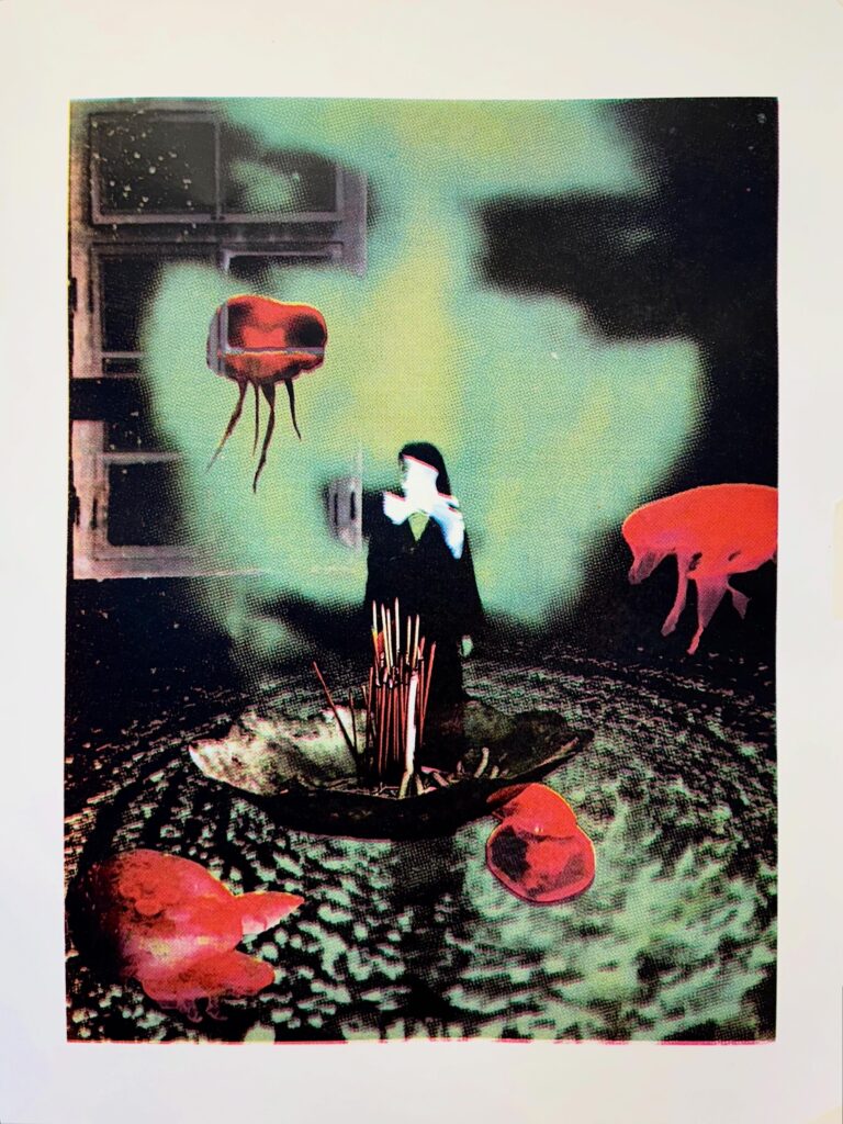 Ritual in Submersion, 2026. A screenprint on paper featuring layered imagery, fragmented forms and areas of visual obscurity.