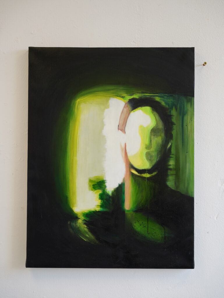 Corroded, 2026. An oil painting on canvas featuring layered, eroded-looking forms and textured painted surfaces.