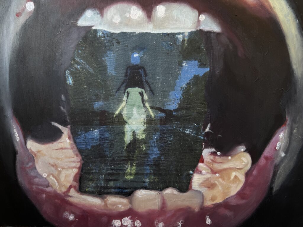 Detail view of Through Here, showing layered oil paint, transferred photographic imagery and textured surfaces on wood panel.